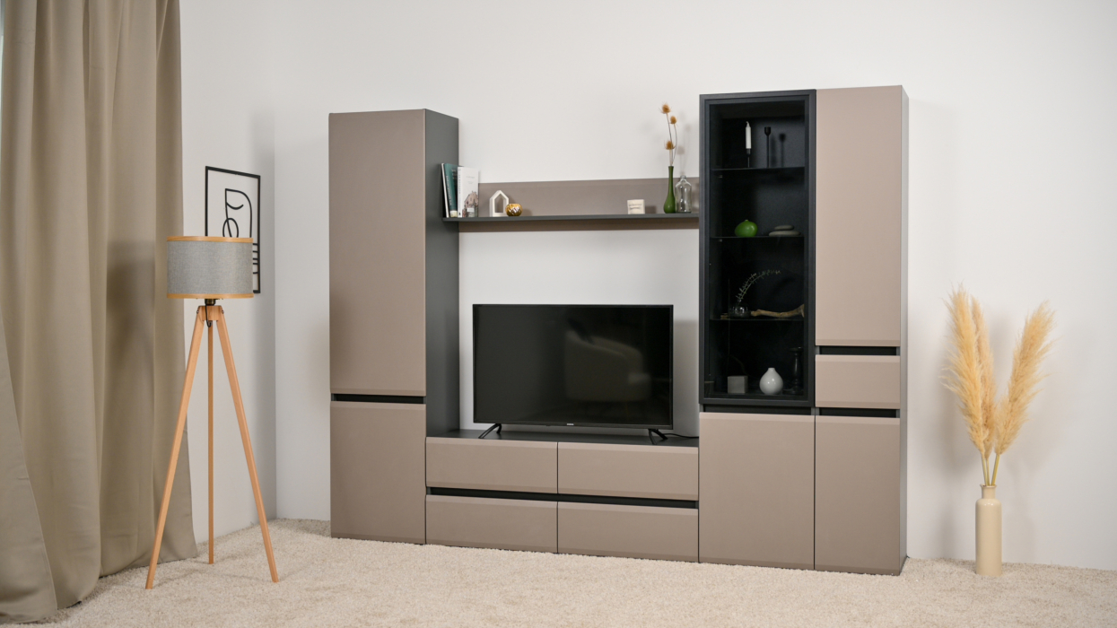 Шкафы распашные, Шкаф-витрина Сидней 13.201, антрацит, веллюто капучино