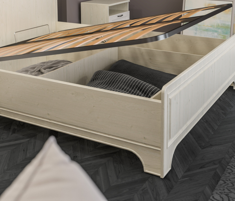 Кровати 160 см, Кровать с подъемным механизмом (1600) Гранд / Ливерпуль СБ-3531 Дуб Приморский Белый, МДФ Классика Светлый