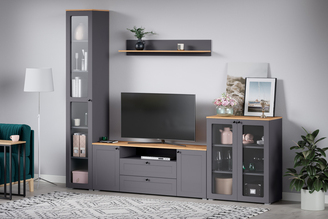 , Шкаф-витрина Остин 16.394.03, серый графит, дуб золотой крафт